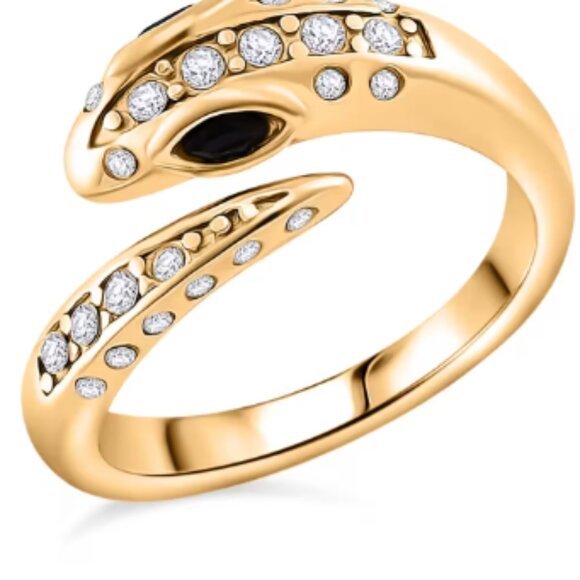 Jewelry - Black Glass and Simulated Diamond Snake Ring in ION Plated YG Stainless Steel